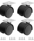 Level Up Your Setup With These Badass Heavy Duty 2 Inch Swivel Casters Set Of 4, Smooth Rolling Nylon Wheels For Furniture And Carts, Durable Build With Quick Install Stainless Steel Bolts shown in black with mounting screws.