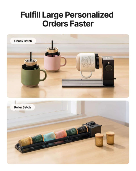 xTool RA3 smart rotary engraver on base; three mugs in green, pink and beige nearby; roller batch rack with cups.