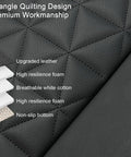 Close-up of triangle quilting on Premium Faux Leather Front Bottom Car Seat Cover With Grippy Anti Slip Wrap Around Lower Cushion Protector Durable Wear Resistant Water Repellent Fits Most Vehicles 1 Piece Black showing layers of material.