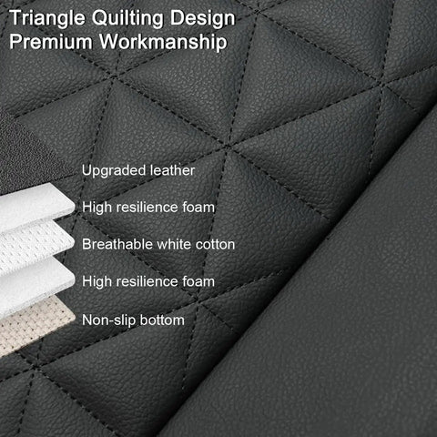 Close-up of triangle quilting on Premium Faux Leather Front Bottom Car Seat Cover With Grippy Anti Slip Wrap Around Lower Cushion Protector Durable Wear Resistant Water Repellent Fits Most Vehicles 1 Piece Black showing layers of material.