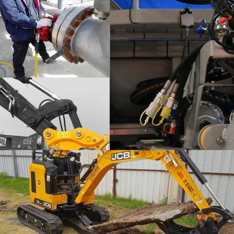 Hydraulic quick-disconnect couplers (3/8 in NPT, ISO 7241-A) shown in a collage of hoses and excavator fittings.