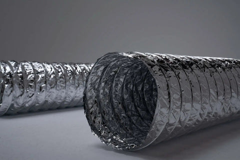 Close-up of 8 Inch Flexible Aluminum Duct Hose With Insulation R6 For Heavy Duty HVAC And Exhaust Ductwork, 25 Feet Long in a studio.