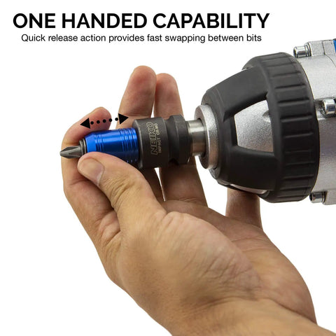 Impact Wrench Adapter One Half Inch Drive To One Quarter Inch Hex Converter With Quick Change Chuck shown in hand use