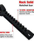 Rock Solid ratchet bar with 10-level adjustable non-slip teeth and ductile iron structure for jack stands.