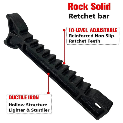Rock Solid ratchet bar with 10-level adjustable non-slip teeth and ductile iron structure for jack stands.