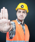 Person wearing yellow helmet with "OFF" sticker from Hard Hat Sticker Pack For Adults, 300 Pcs Funny Toolbox Decals.