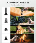 Beast 110000 RPM Cordless Air Duster with 4 nozzles for cleaning pool toys, car mirrors, pets, and campfires.