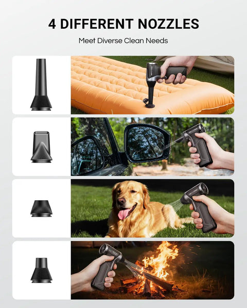 Beast 110000 RPM Cordless Air Duster with 4 nozzles for cleaning pool toys, car mirrors, pets, and campfires.