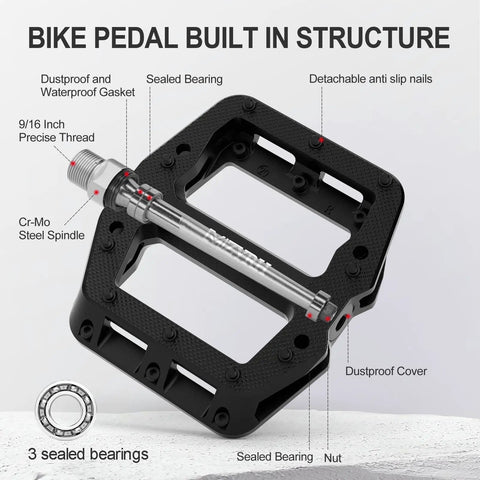 Rugged Nylon Fiber Mountain Bike Pedals With Nine Sixteen Inch Spindle, Three Sealed Bearings, Lightweight Grippy Non Slip Platform