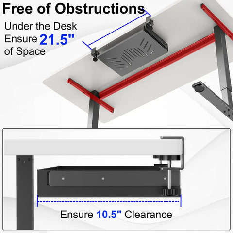Sliding Under Desk Laptop Mount No Drill Setup With Slick Metal Storage Shelf dimensions showing 21.5 inches space and 10.5 inches clearance.