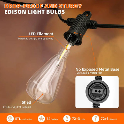 Outdoor String Lights For Patio And Backyard Waterproof IP65 Commercial Grade Vintage Edison Bulbs LED filament, close-up