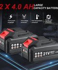 Battery packs: two 21V 4.0Ah lithium with red release levers