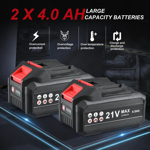 Battery packs: two 21V 4.0Ah lithium with red release levers