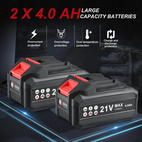 AOBEN Cordless Impact Wrench 1/2 Inch Kit With 600 Nm Max Torque And 800Nm Reverse Power, two 4.0Ah batteries with indicators.