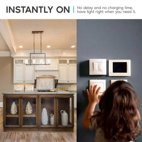 Child switching on A19 LED Bulbs 100 Watt Equivalent Dimmable 1600 Lumens in modern kitchen setting