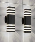Two Pack LED Square Up And Down Outdoor Wall Lights With Durable Aluminum Body Easy Install IP65 Weatherproof GU10 Compatible 14W 1200 Lumen Warm White 3000K Modern Sconce For Porch And Garage, shown on a tiled wall.