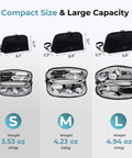 Three sizes of the Grab-And-Go Travel Cable Organizer With 8 Compartments, Water-Resistant Tech Pouch With Wrist Strap, shown open and filled.