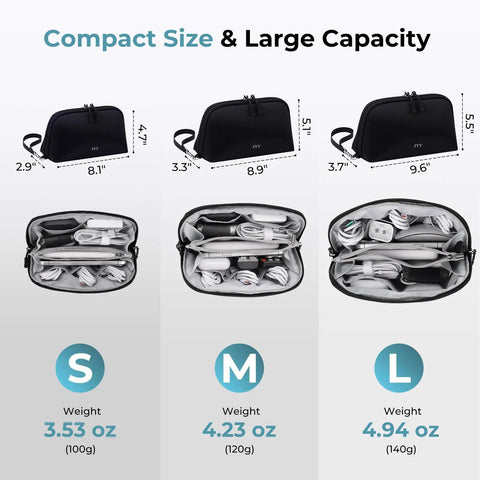 Three sizes of the Grab-And-Go Travel Cable Organizer With 8 Compartments, Water-Resistant Tech Pouch With Wrist Strap, shown open and filled.
