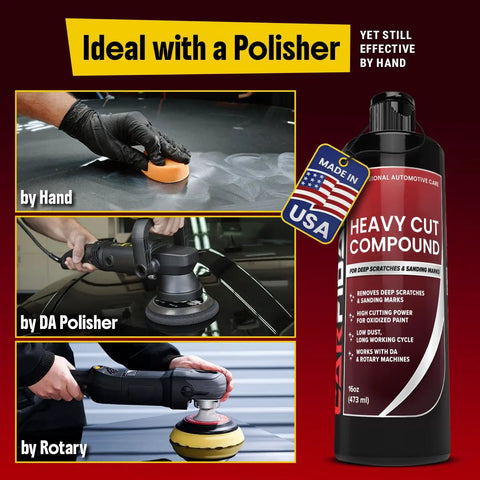 Heavy Cut Compound For Deep Scratches And Sanding Marks Remove Oxidation Pro Grade Car Paint Correction Polish For DA And Rotary Buffers Get That Smooth Auto Finish 16 Oz bottle, used by hand, DA, and rotary polisher