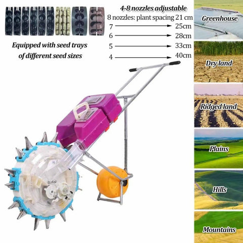 Walk Behind Single Wheel Seed Planter with large capacity seed and fertilizer box, transparent hopper, adjustable nozzles shown