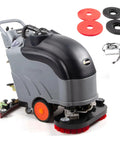 28-Inch Commercial Floor Scrubber With Dual Brushes And Pad System, featuring 14.5-Gallon Tank and Self-Propelled Traction Drive.