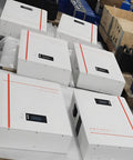 Built Tough 51.2V 100Ah LiFePO4 Lithium Battery boxes with displays, designed for solar RV and marine power setups.