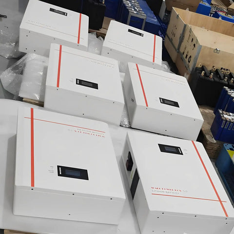 Built Tough 51.2V 100Ah LiFePO4 Lithium Battery boxes with displays, designed for solar RV and marine power setups.