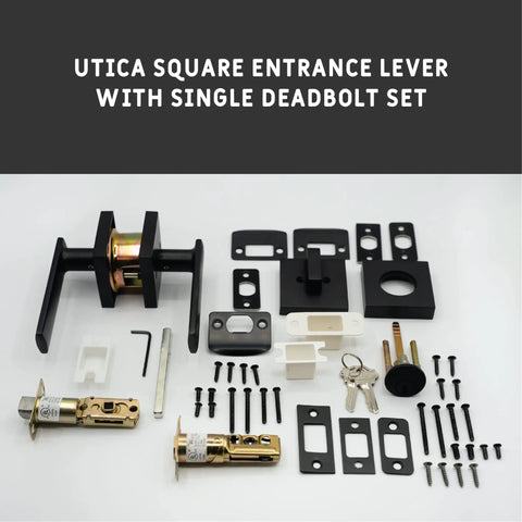 Utica Square Entrance Lever And Single Cylinder Deadbolt Combo Pack Matte Black with all parts laid out on surface
