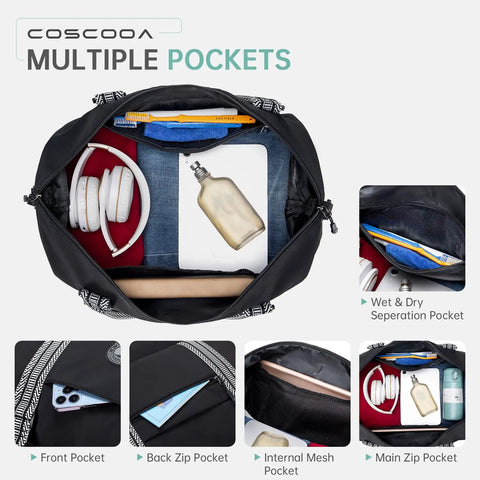 Airline Approved Personal Item Bag, Expandable 20-30L Weekender Duffel open top view showing multiple pockets and organized items