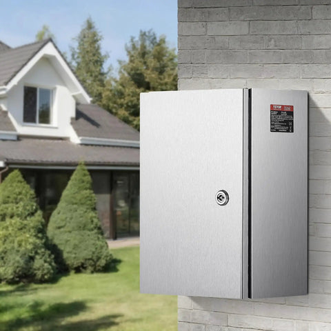 Pro Level 16 By 12 By 8 Inch Genuine 304 Stainless Steel Electrical Enclosure Box mounted on a wall outdoors.