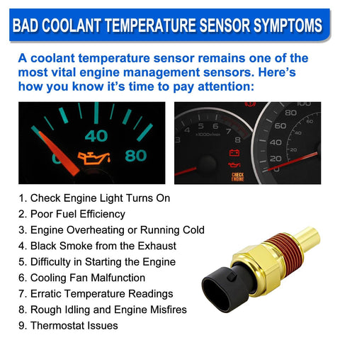 Engine coolant temperature sensor with brass body shown beside a symptom-chart illustration.