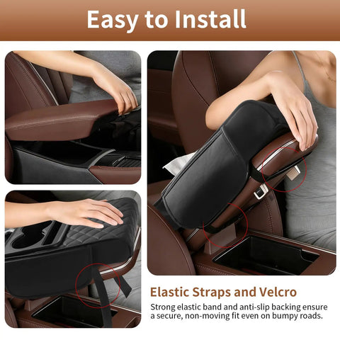 5-In-1 Universal Car Center Console Cover With Cup Holder And Armrest Upgrade Cushion, PVC Leather Black, installed view