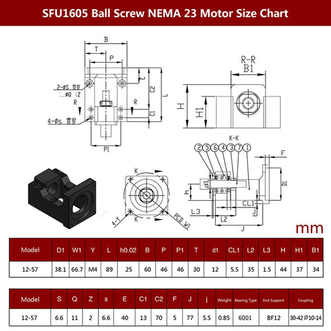 CNCMANS HM12-57 Nema 23 steel motor mounting bracket; front drawing and 3D model view