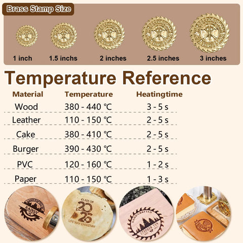 KAINSY wooden branding iron, front view, brass stamp sizes 1–3 in, with a temperature guide for wood, leather, cake, and more.