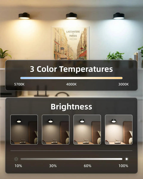 Cordless Led Wall Sconce With Rechargeable Battery Dimmable Touch And Remote Controls Three Warm To Cool Temperatures 360 Degree Rotation Zero Drilling Renter Ready Upgrade That Goes Hard For Bedroom Bedside Vibes Black Pack Of Two color temperature and brightness options displayed.