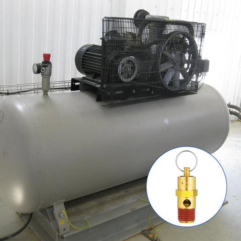 Side view of air compressor with two brass 1/4-inch male NPT pressure relief valves; inset shows valve close-up.