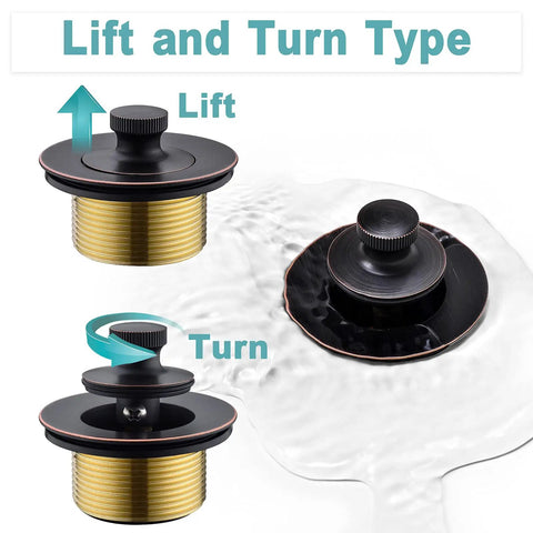 Image of Oil Rubbed Bronze Bathtub Drain Kit With Lift And Turn Stopper And Overflow Faceplate Universal No Fuss One And A Half Inch Or One And Three Eighths Inch Drain Hole Solid Brass Construction Easy Install Durable Bath Drain Fixture showing lift and turn function.