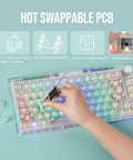 Premium 75 Percent Transparent Mechanical Gaming Keyboard With Hot Swappable Gasket Build And Dope Rgb Lighting clear keys and switches being swapped.
