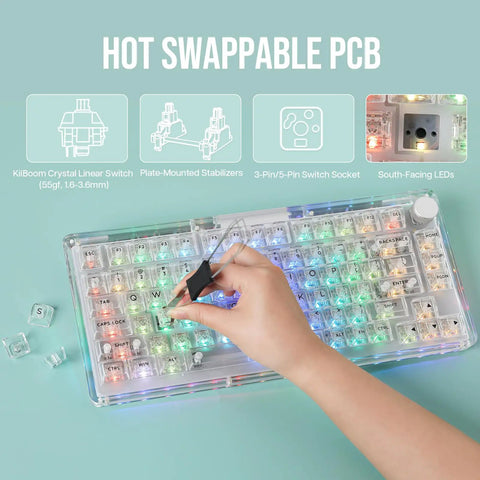 Premium 75 Percent Transparent Mechanical Gaming Keyboard With Hot Swappable Gasket Build And Dope Rgb Lighting clear keys and switches being swapped.