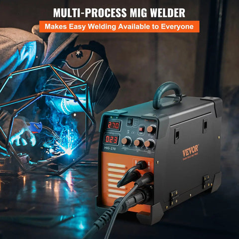 Do It All 270 Amp MIG TIG ARC Welder With 110 220V Inverter LCD Display in use by welder with helmet and blue sparks