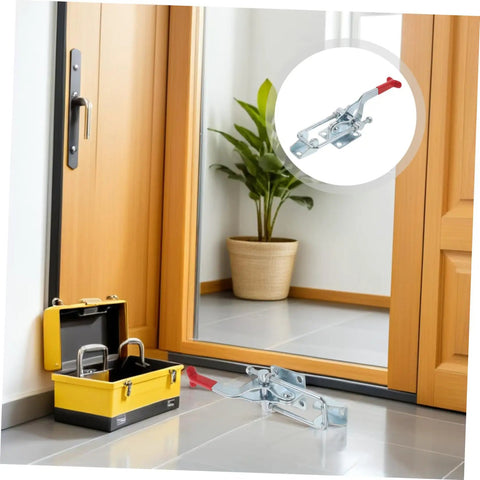 Premium Heavy Duty Toggle Latch Clamp With Adjustable Galvanized Iron Quick Release Lock For Tool Boxes And Jigs, shown near toolbox.