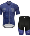 Blue denim-style cycling jersey and black shorts set with matching accents, displayed on a white background.