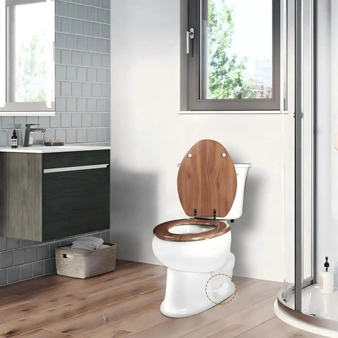 Straight Up Upgrade Your Bath With These Slick Ceramic Toilet Bolt Covers A Tough Pair Of Screw Cap Shells That Kick Rust To The Curb And Make Smooth Install No Sweat For A Pristine Finish. White toilet with wood lid and ceramic bolt covers.
