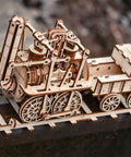 3D Steam Train Model Kit For Adults And Teens DIY Wood Puzzle Set With Vintage Locomotive No 1 Design Educational STEM Toy Collectors Display Birch Wood Construction 325 Piece Build, birch wood steam train side view on track