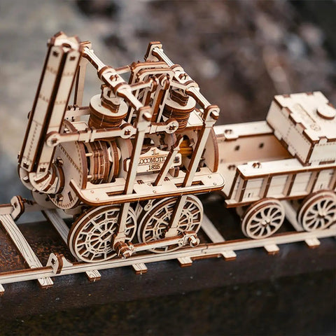 3D Steam Train Model Kit For Adults And Teens DIY Wood Puzzle Set With Vintage Locomotive No 1 Design Educational STEM Toy Collectors Display Birch Wood Construction 325 Piece Build, birch wood steam train side view on track