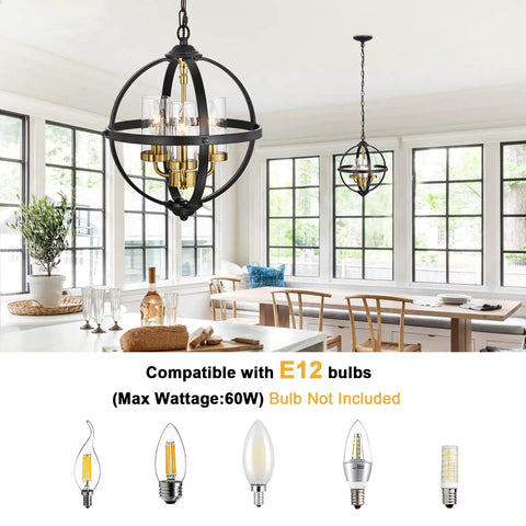 Rustic Black And Gold Finish Four Light Globe Pendant Chandelier With Glass Covers for dining room, E12 bulb compatibility