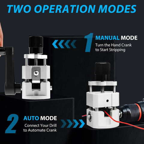 Heavy Duty Manual Wire Stripper Machine For 0.08 To 1 Inch Wires, showing manual and drill modes for stripping copper cables.