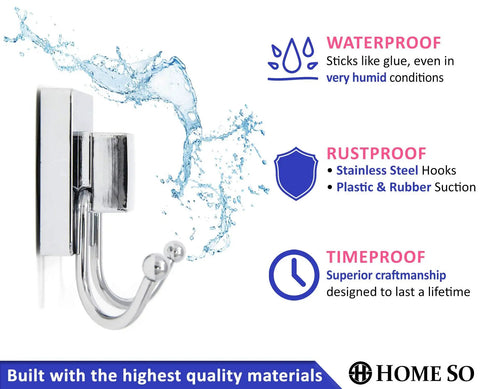 Stainless steel No Drill Suction Cup Hook with chrome finish for bathrooms, highlights waterproof and rustproof features.
