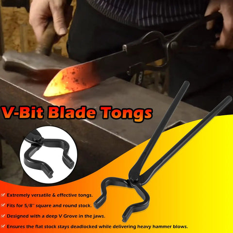 Pro Grade Knife Making Tongs Set And Blacksmith Hammer 5 Piece Forge Tools Kit in use on heated blade with anvil