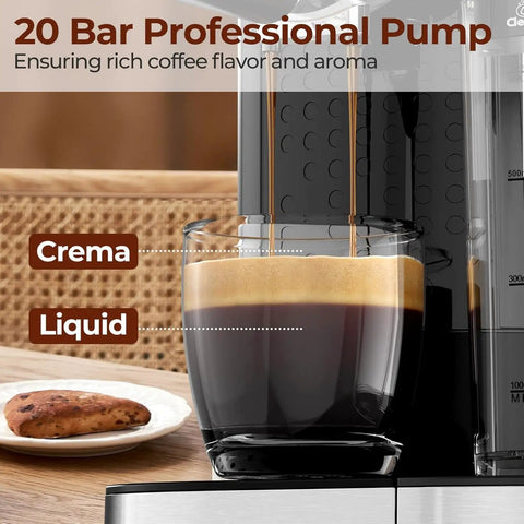 No Fuss Compact Espresso Machine With Real 20 Bar Pressure And Quick Thermo Block Heating Stainless Steel Coffee Maker with espresso pouring.